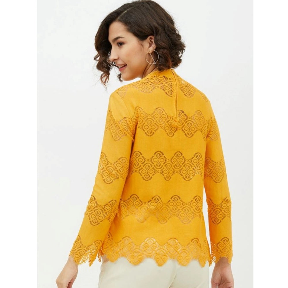 HD Women's Cotton Lace Inserts Long Sleeves Top (Yellow)