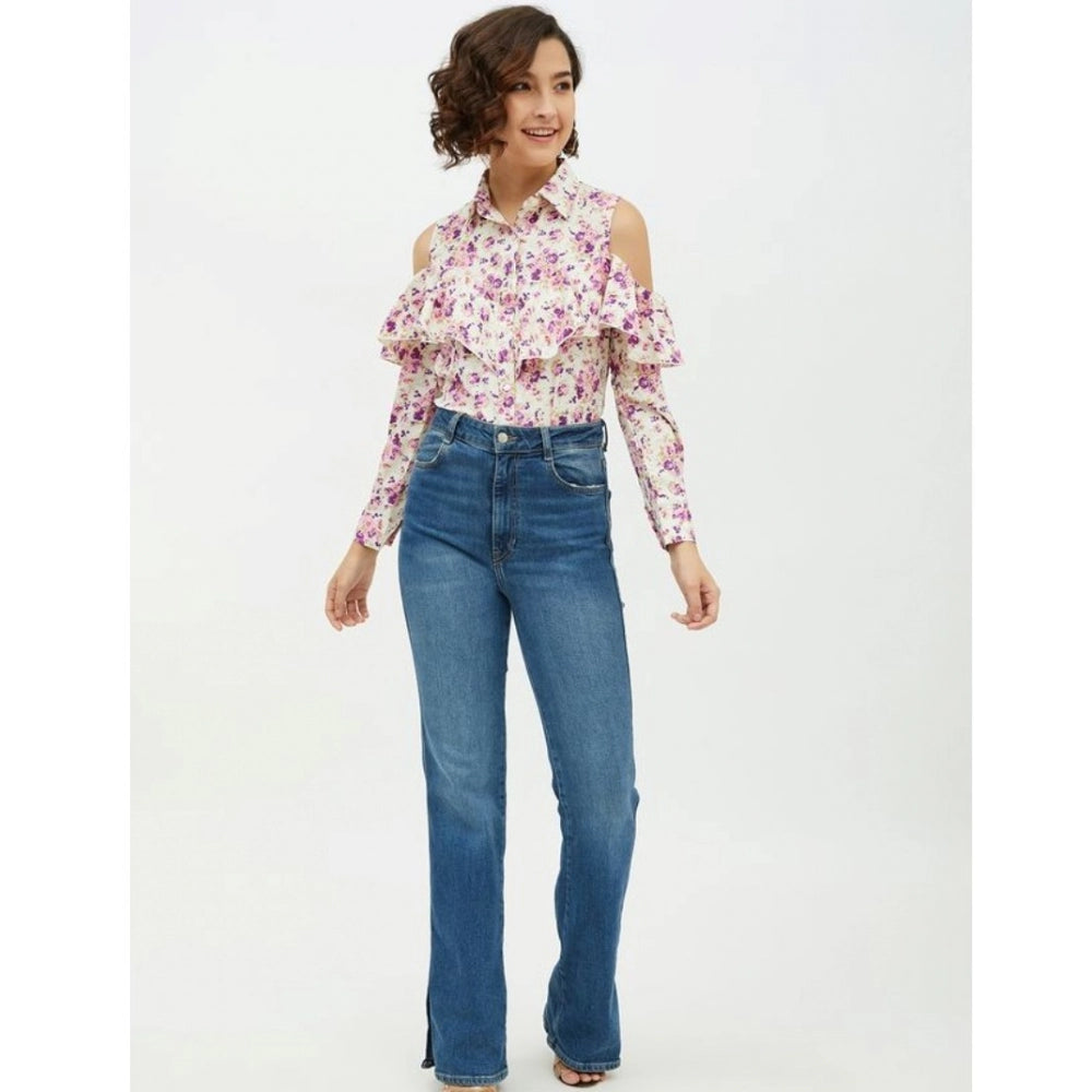 HD Women's Polyester Floral Cold Shoulder Standard Length Shirt (White)