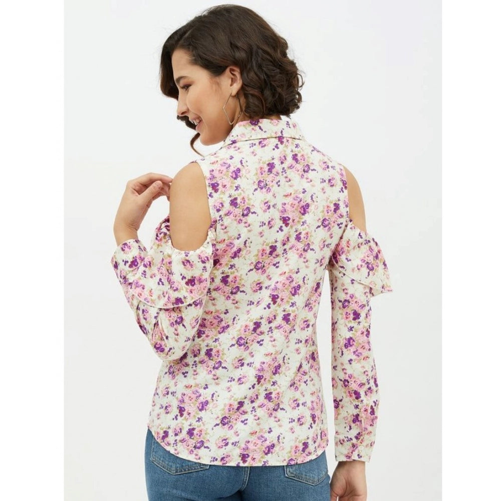 HD Women's Polyester Floral Cold Shoulder Standard Length Shirt (White)