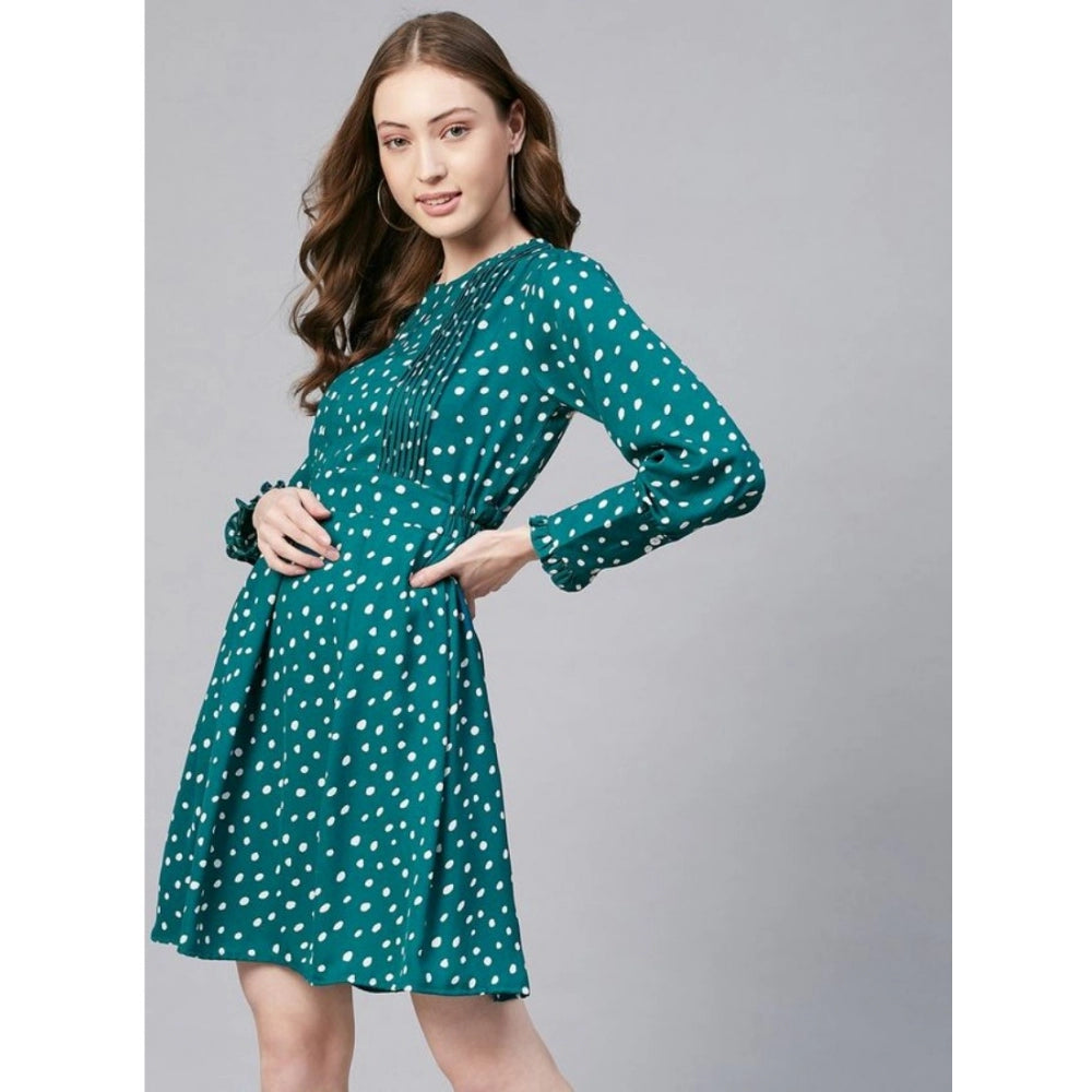 HD Women's Polyester Polka Long Sleeves Above Knee Dress (Green - White)