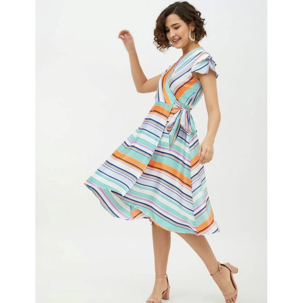 HD Women's Satin Striped Short Sleeve Knee-Length Dress (Multicolor)