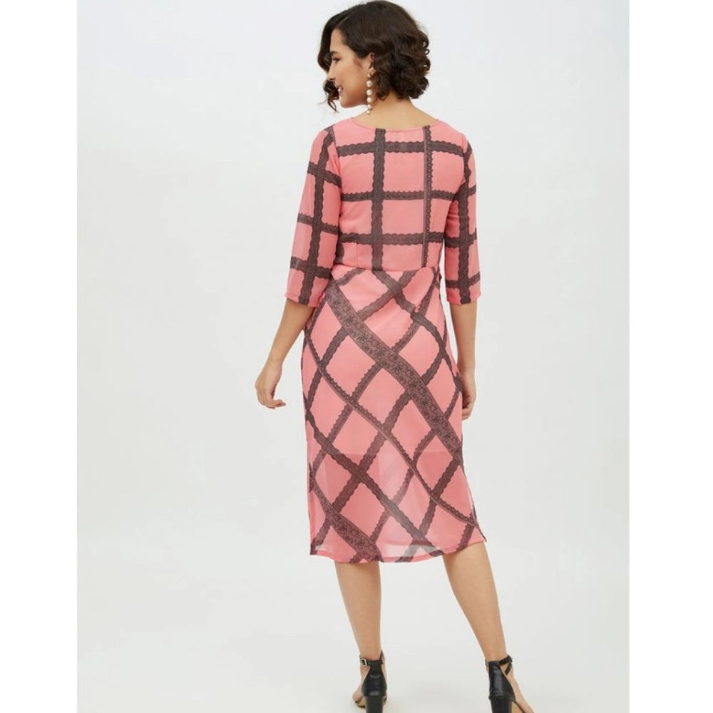 HD Women's Polyester Checkered 3-4th Sleeves Below Knee Dress (Pink)