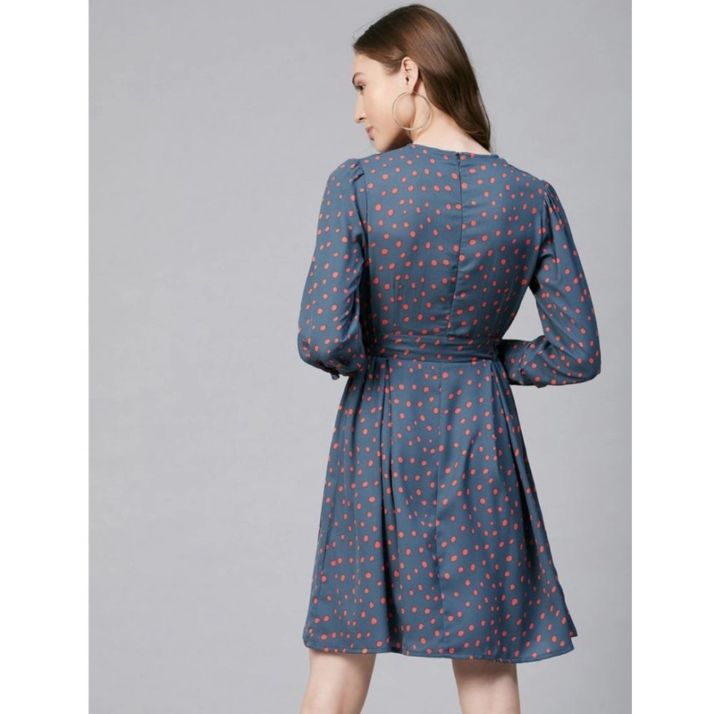 HD Women's Polyester Polka Long Sleeves Above Knee Dress (Grey - Coral)