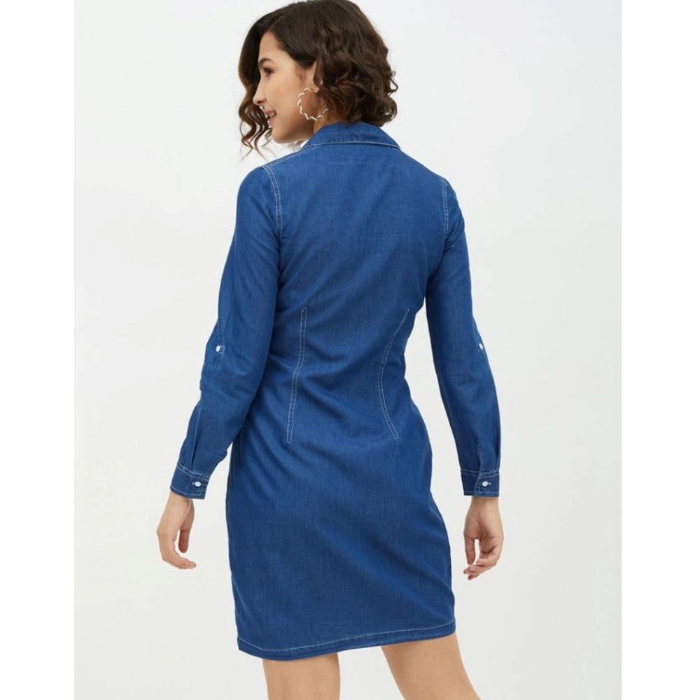 HD Women's Denim Solid Long Sleeves Above Knee Dress (Blue)