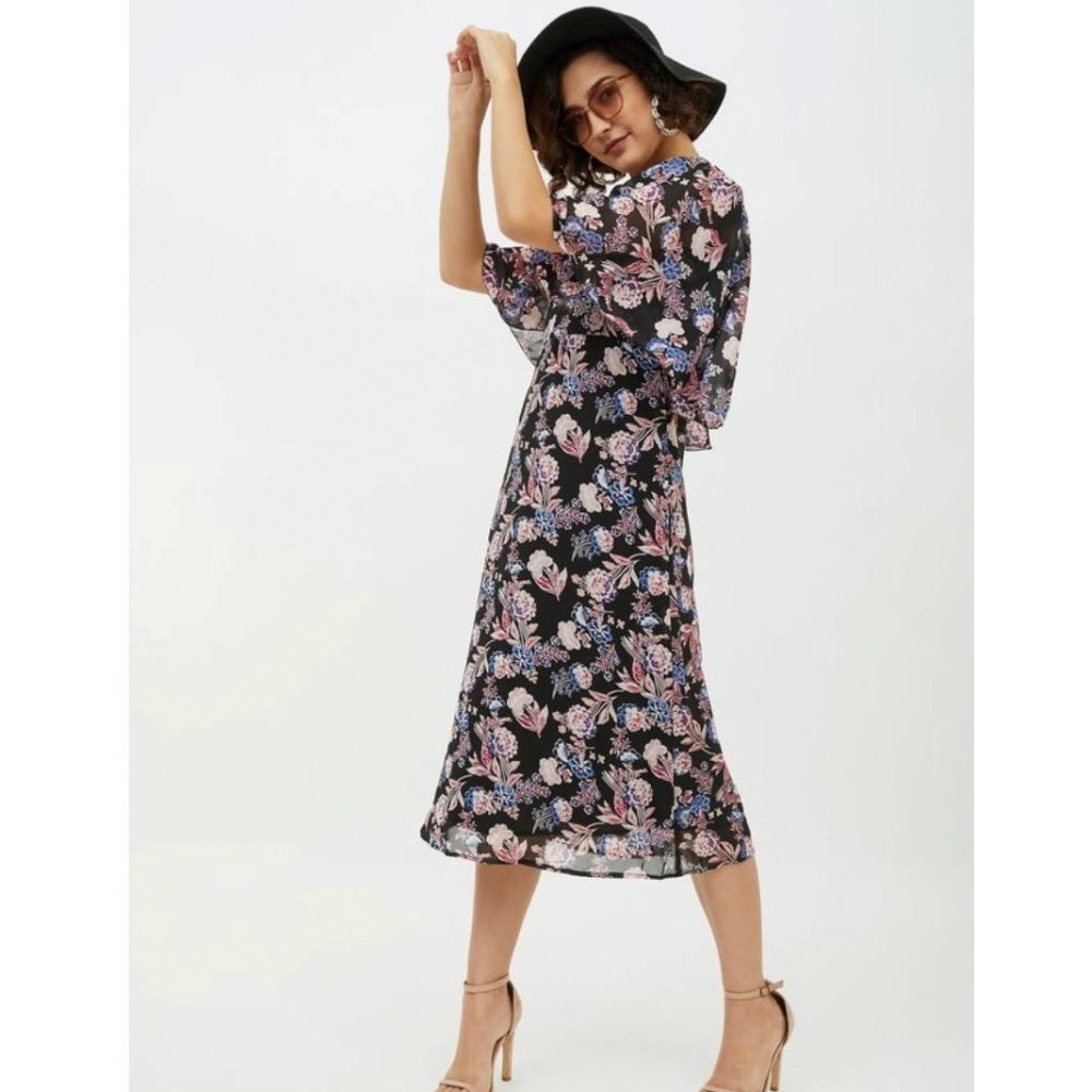 HD Women's Polyester Chain Print Cap Sleeve Calf-length Dress (Multicolor)