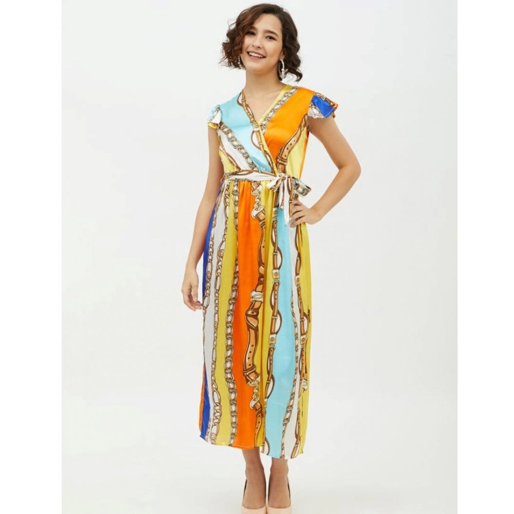 HD Women's Satin Chain Print Cap Sleeve Calf-length Dress (Multicolor)