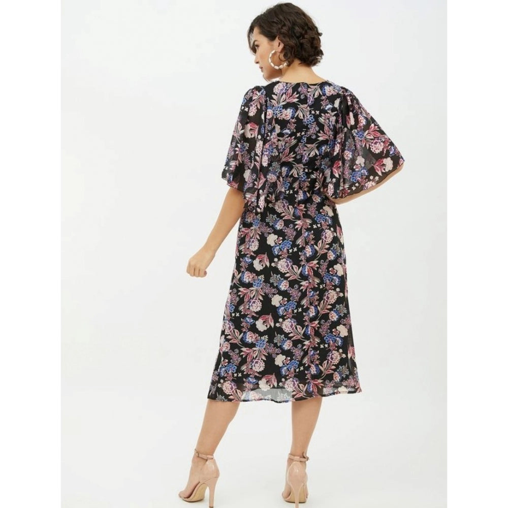 HD Women's Polyester Chain Print Cap Sleeve Calf-length Dress (Multicolor)
