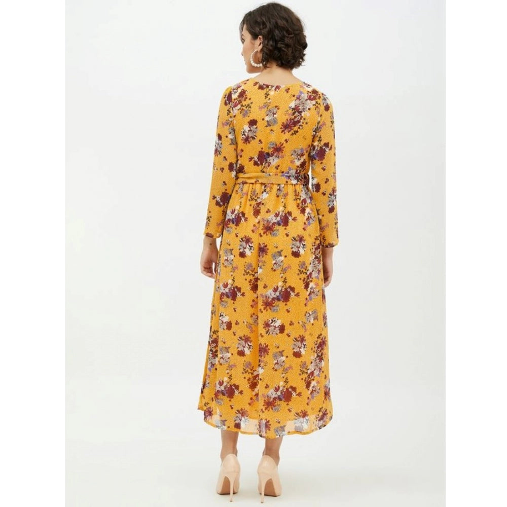 HD Women's Polyester Floral Long Sleeves Calf-length Dress (Multicolor)