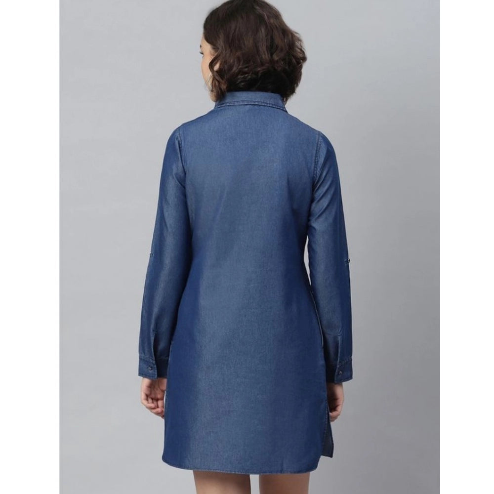 HD Women's Denim Solid Long Sleeves Above Knee Dress (Navy Blue)