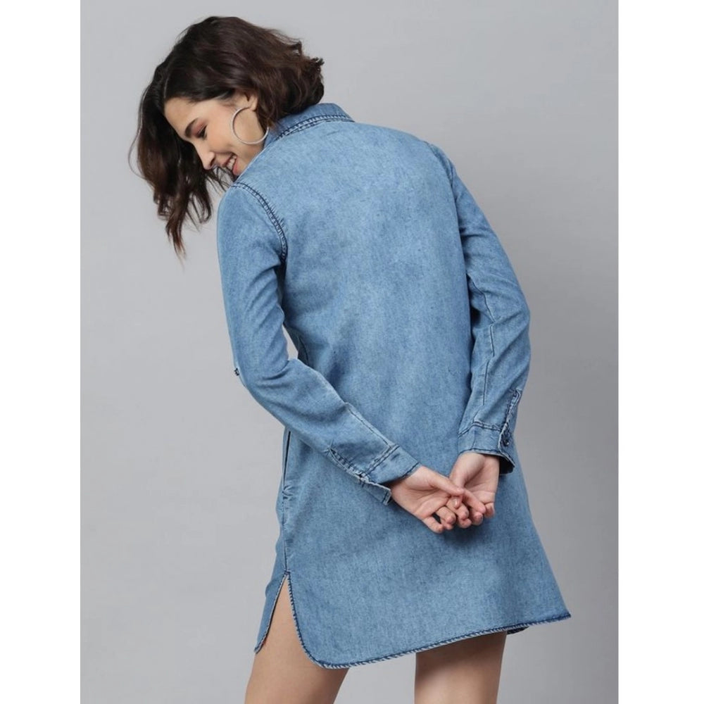 HD Women's Denim Solid Long Sleeves Above Knee Dress (Ice Blue)