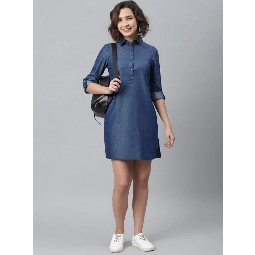 HD Women's Denim Solid Long Sleeves Above Knee Dress (Navy Blue)