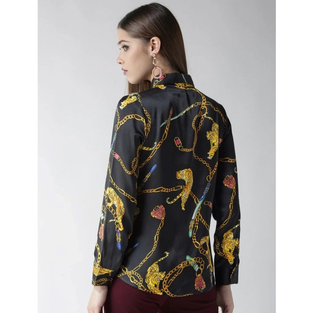 HD Women's Satin Printed Long Sleeves Standard Length Shirt (Black - Gold)