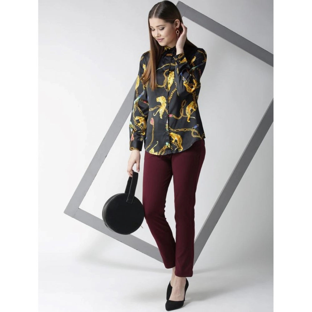 HD Women's Satin Printed Long Sleeves Standard Length Shirt (Black - Gold)