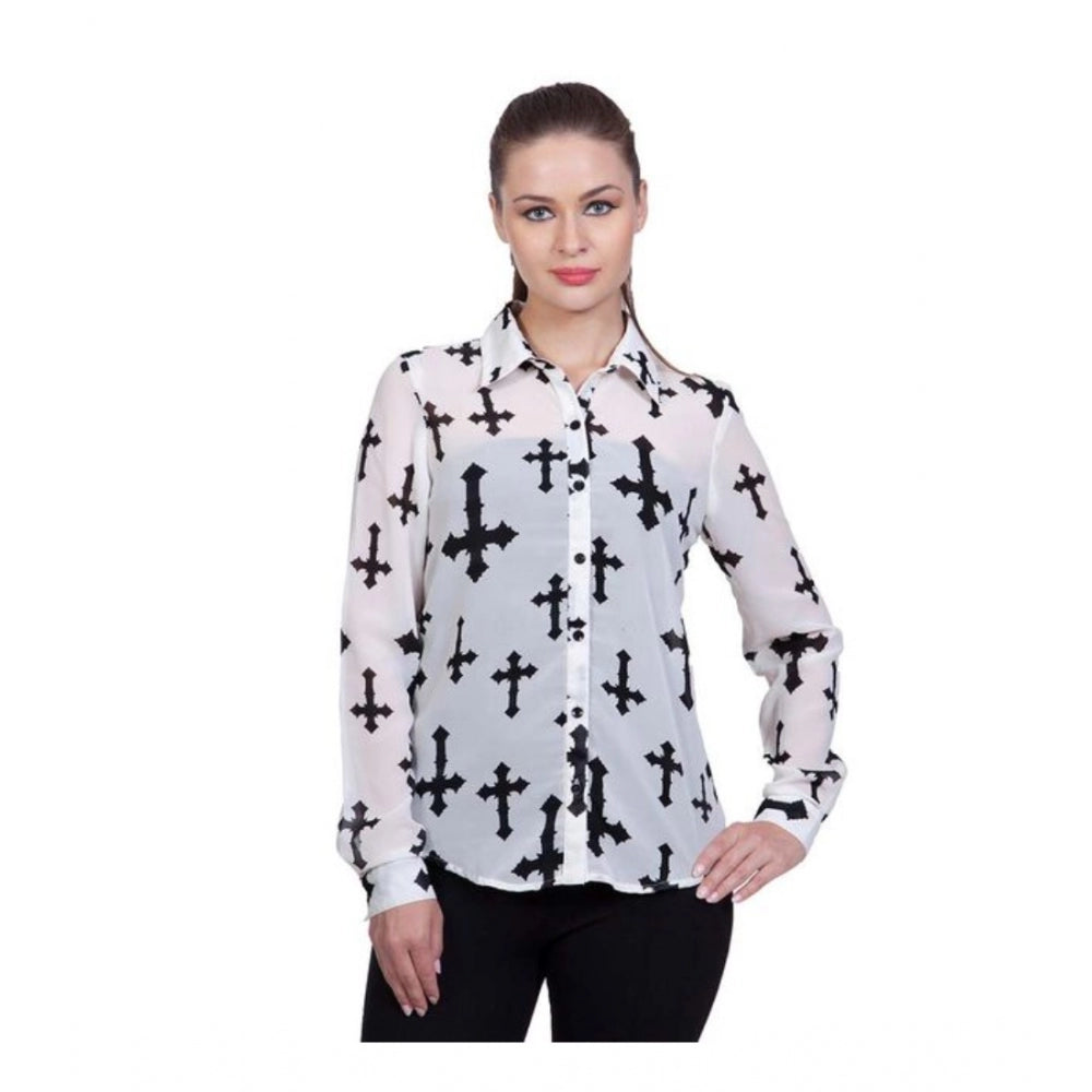 HD Women's Polyester Printed Long Sleeves Standard Length Shirt (White)