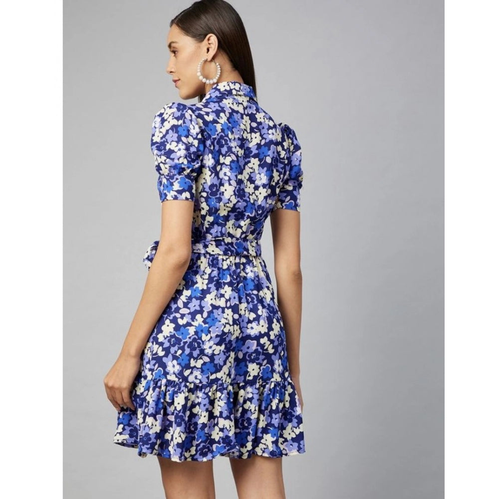 HD Women's Polyester Floral Short Sleeve Above Knee Dress (Blue - Purple)