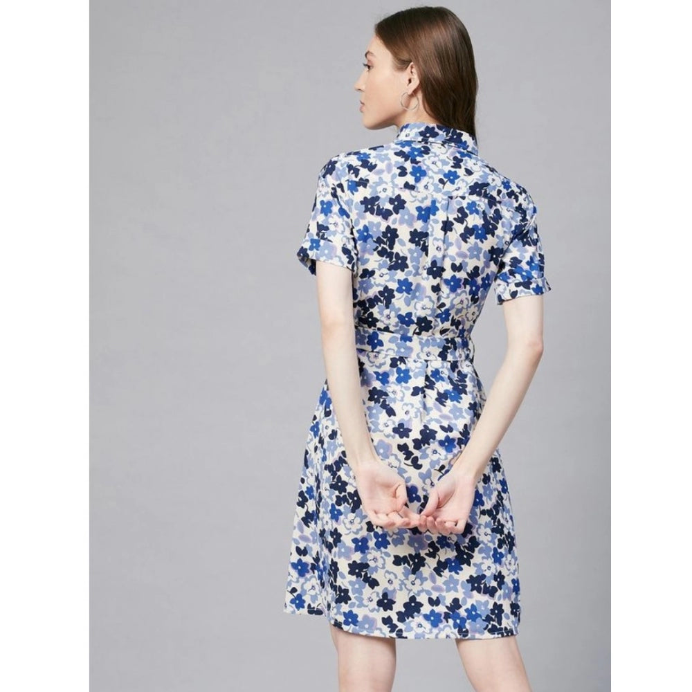 HD Women's Polyester Floral Short Sleeve Above Knee Dress (Blue - White)