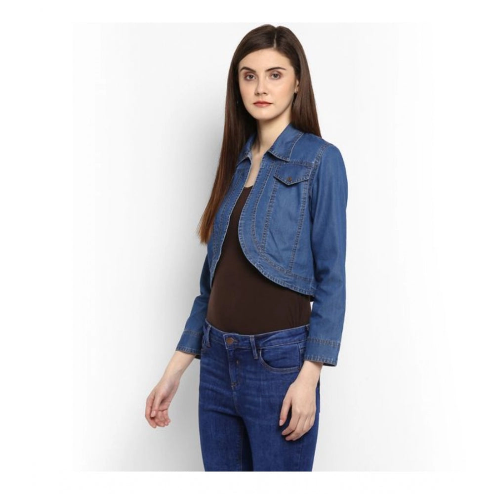 HD Women's Denim Solid 3-4th Sleeves Shrug (Blue)