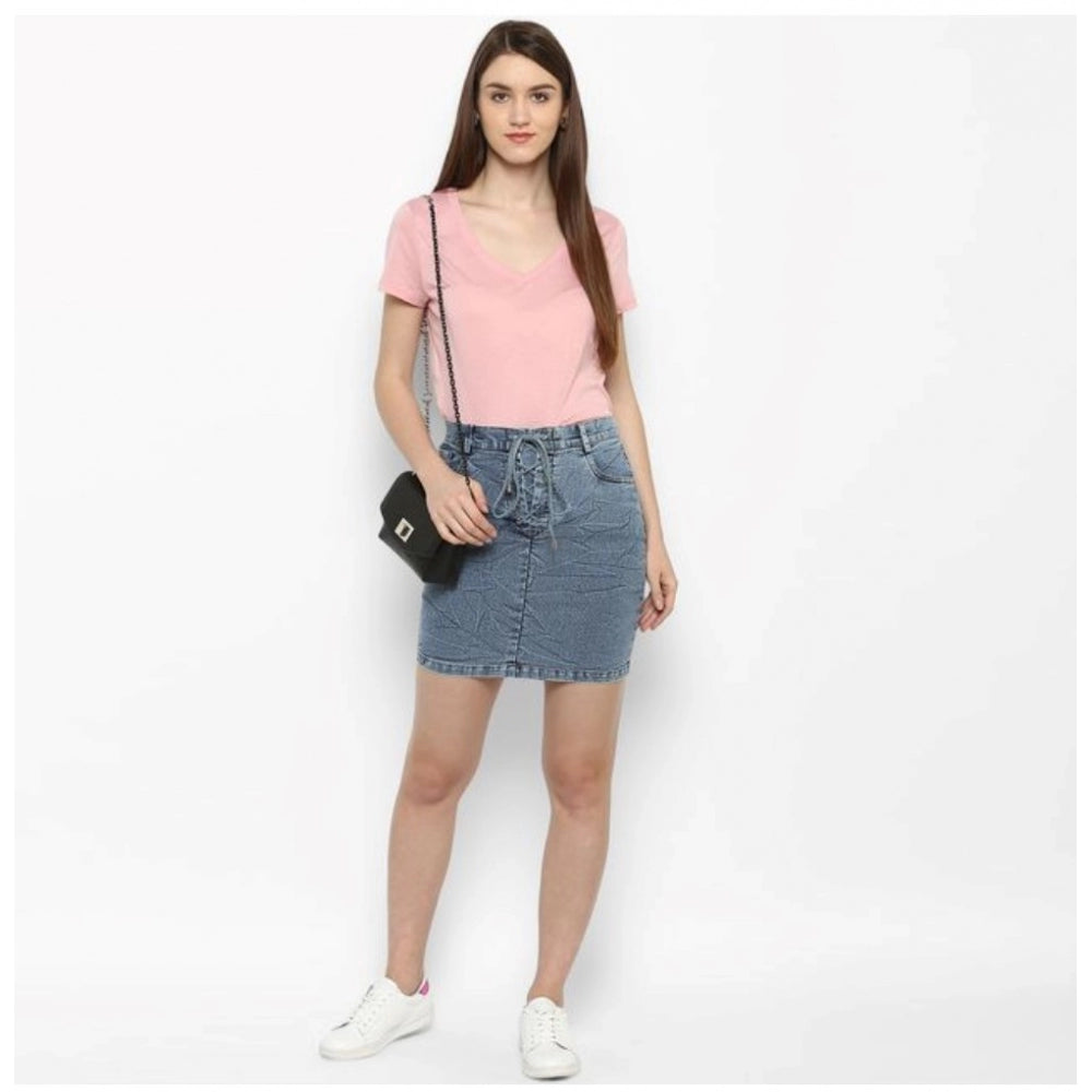 HD Women's Denim Draw String Buttoned Skirt (Blue)