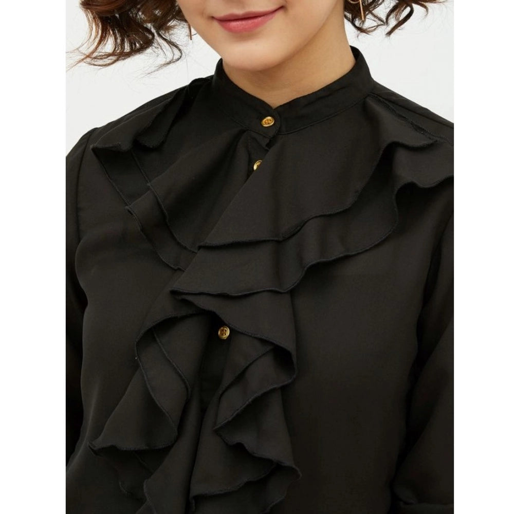 HD Women's Polyester Ruffled Long Sleeves Standard Length Shirt (Black)