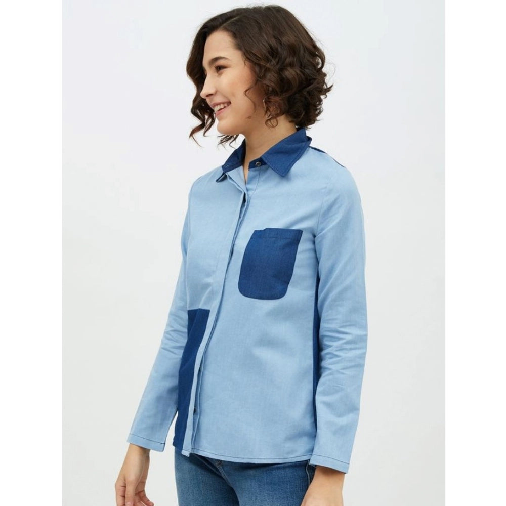 HD Women's Denim Patch Work Long Sleeves Standard Length Shirt (Blue)