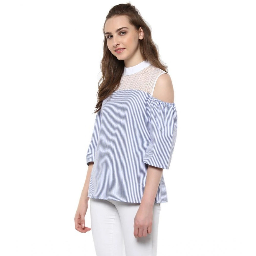 HD Women's Cotton Striped Cold Shoulder Top (Blue)