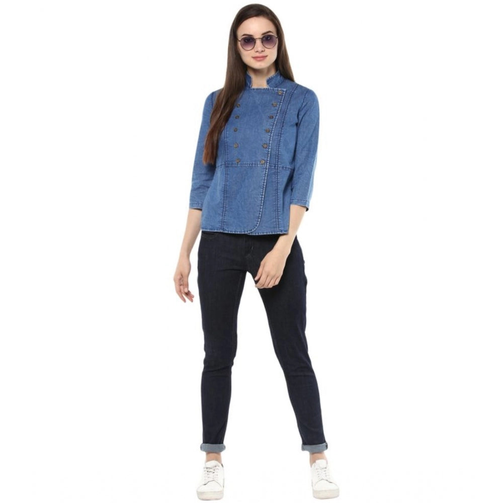 HD Women's Denim Solid 3-4th Sleeves Regular Top (Blue)