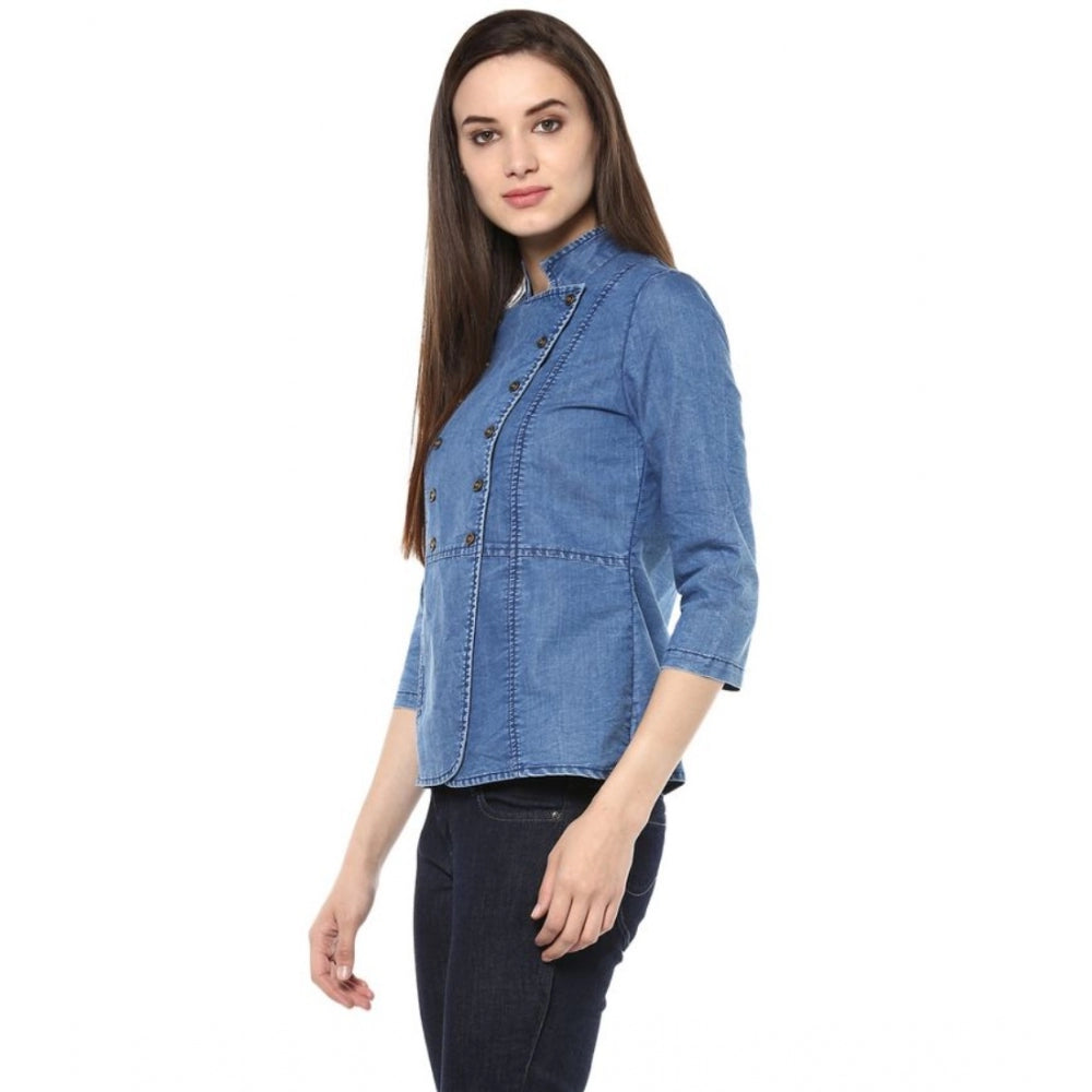 HD Women's Denim Solid 3-4th Sleeves Regular Top (Blue)