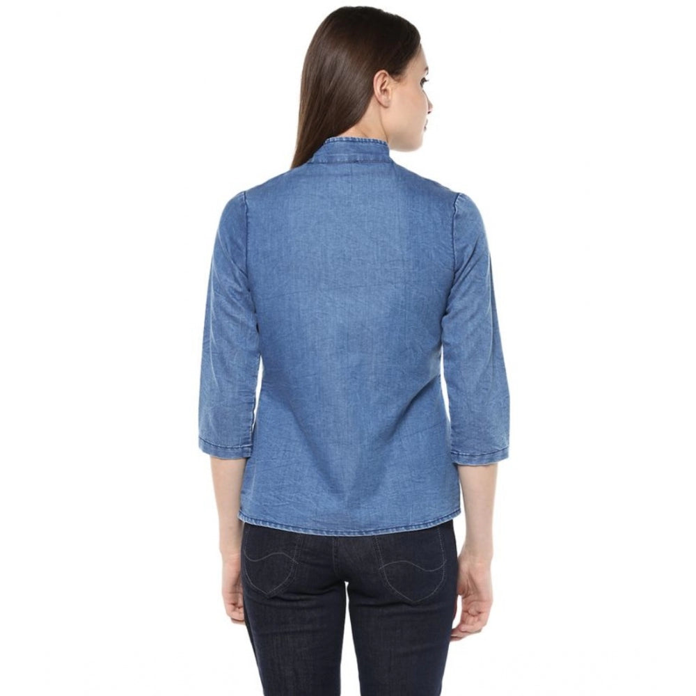 HD Women's Denim Solid 3-4th Sleeves Regular Top (Blue)