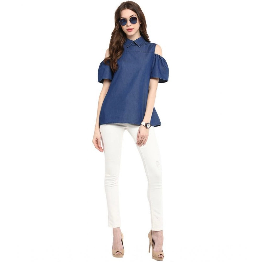 HD Women's Denim Solid Cold Shoulder Regular Top (Blue)