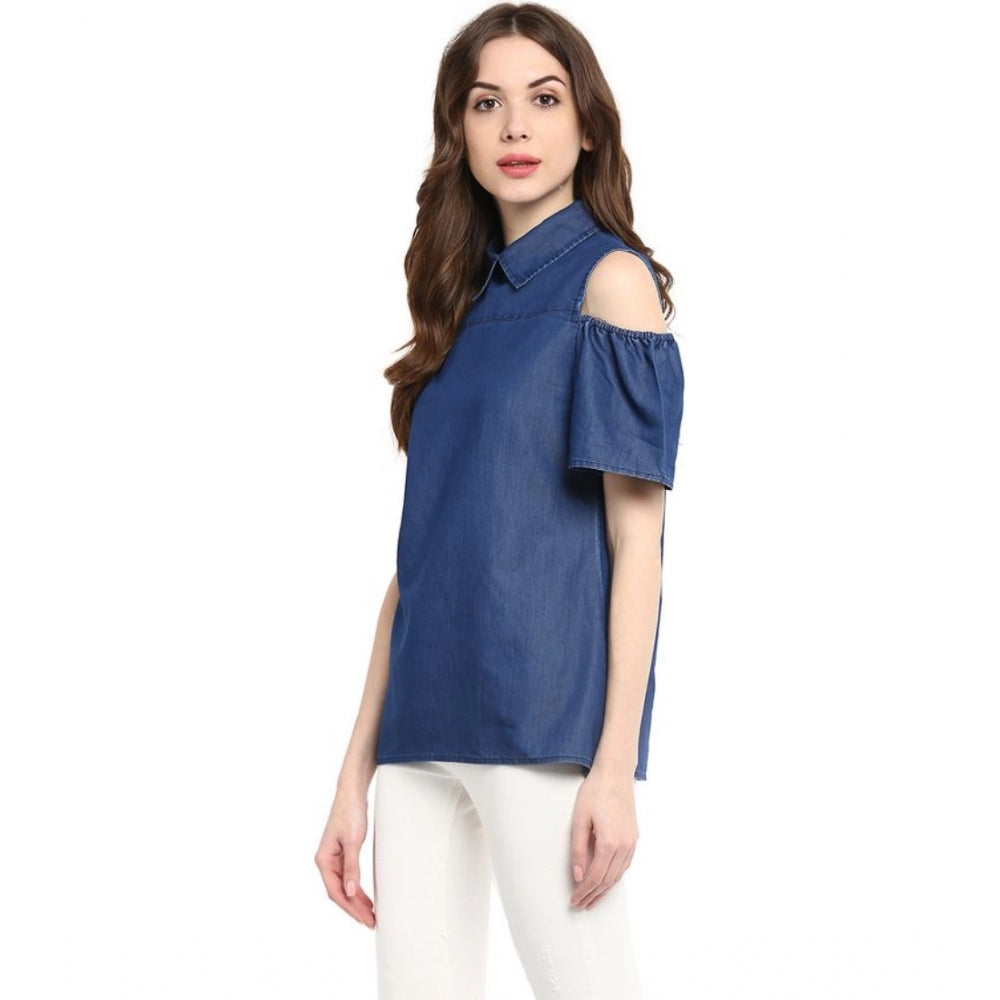 HD Women's Denim Solid Cold Shoulder Regular Top (Blue)