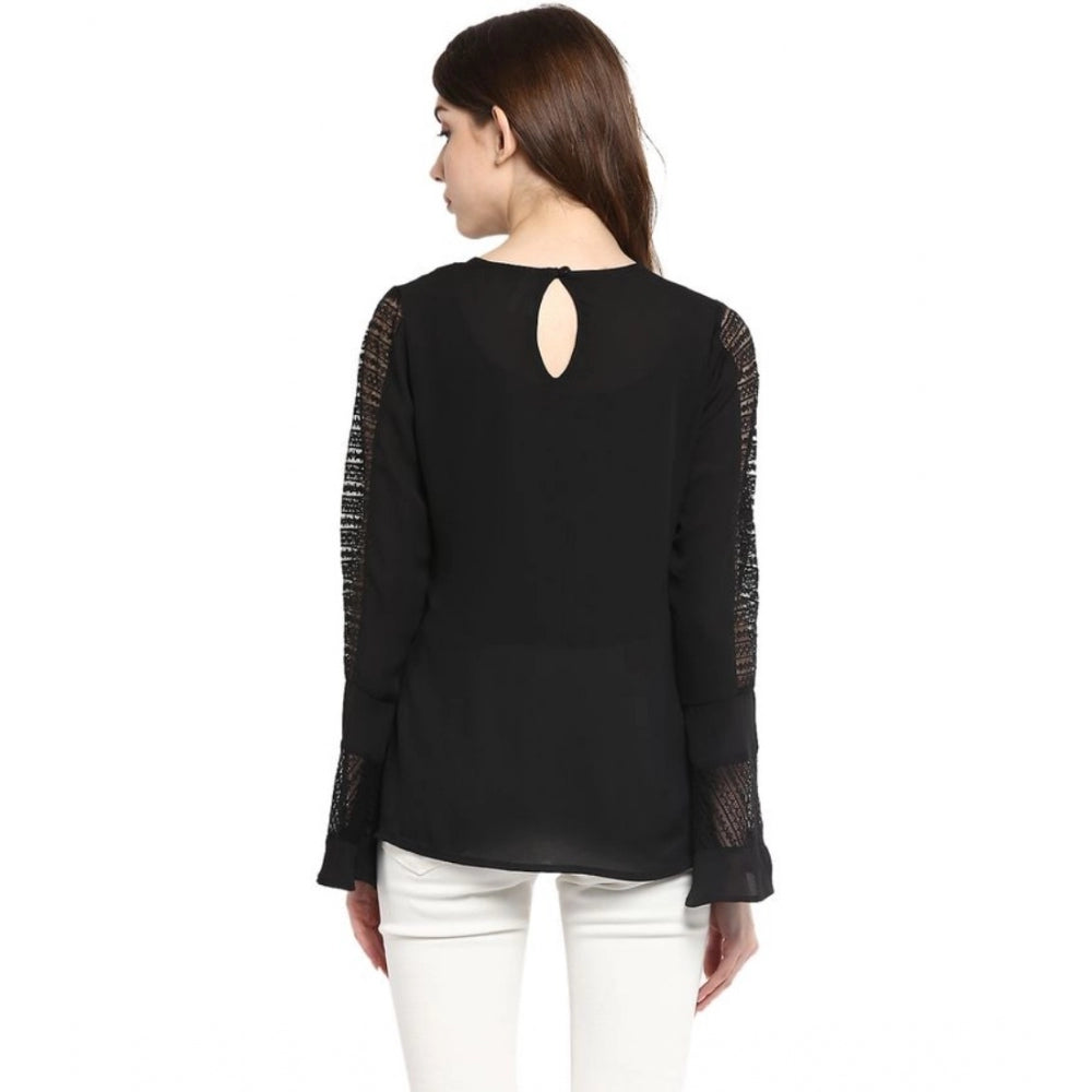 HD Women's Polyester Georgette Self Design Bell Sleeve Regular Top (Black)
