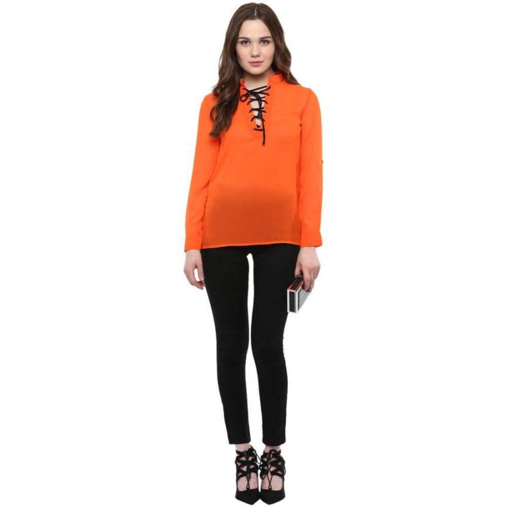 HD Women's Polyester Solid Long Sleeves Regular Top (Orange)