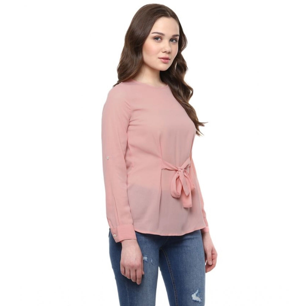 HD Women's Polyester Solid Long Sleeves Regular Top (Pink)