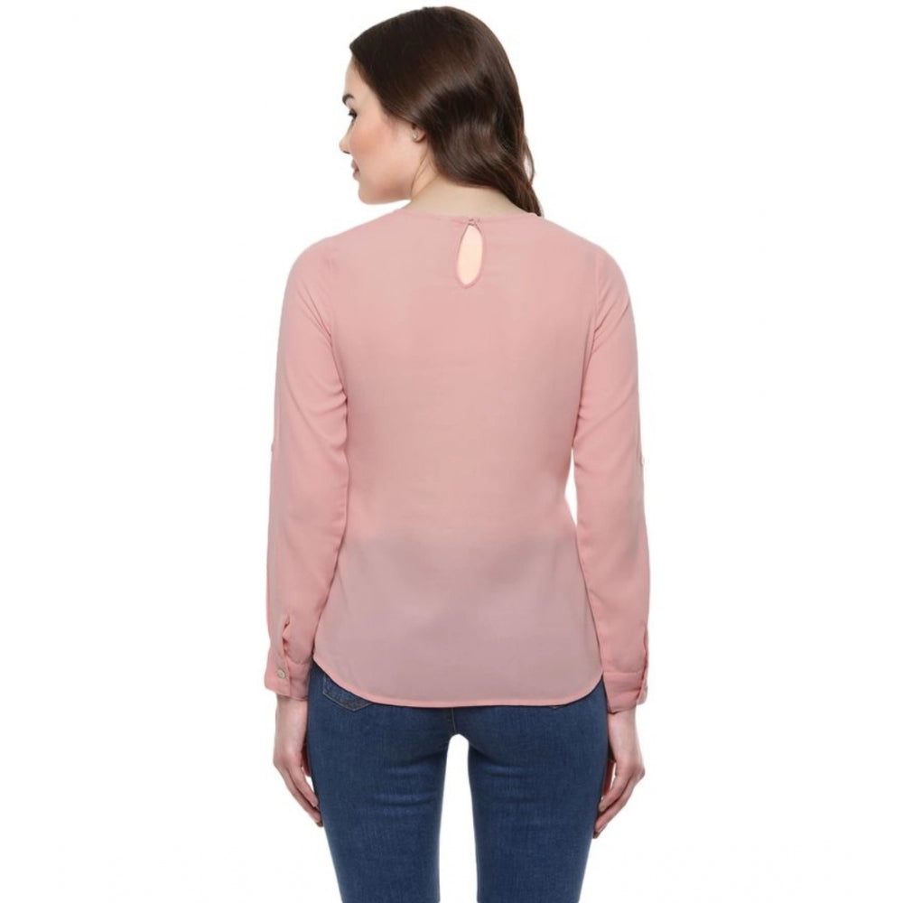 HD Women's Polyester Solid Long Sleeves Regular Top (Pink)