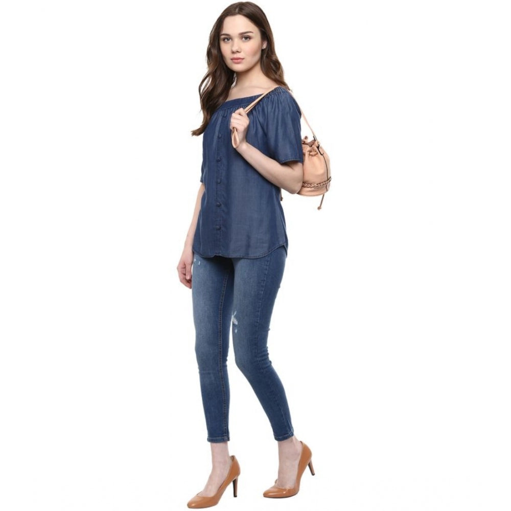 HD Women's Denim Solid Short Sleeve Regular Top (Blue)