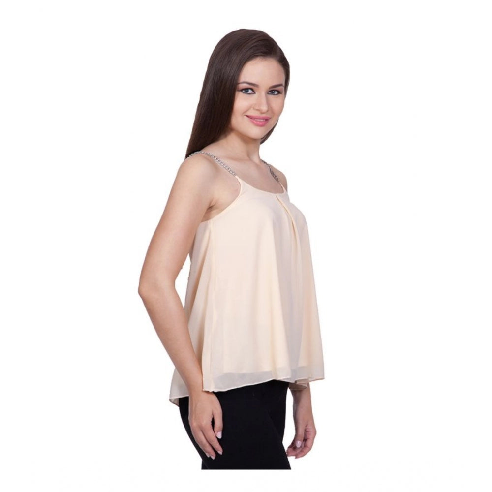 HD Women's Polyester Solid Shoulder Straps Regular Top (Beige)