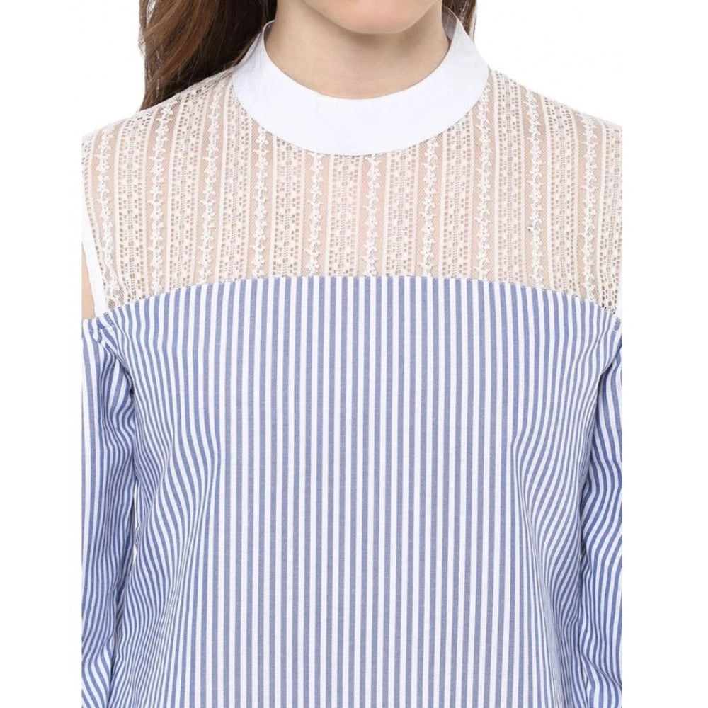 HD Women's Cotton Striped Cold Shoulder Top (Blue)