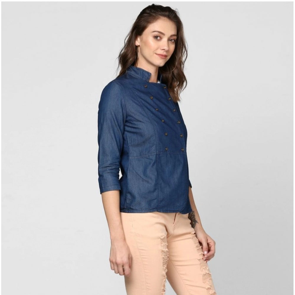 HD Women's Denim Solid 3-4th Sleeves Top (Blue)