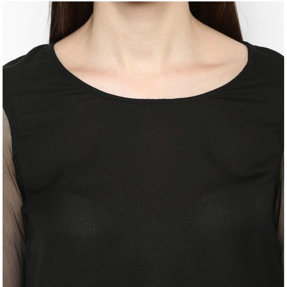 HD Women's Polyester Solid Tier Sleeve Top (Black)