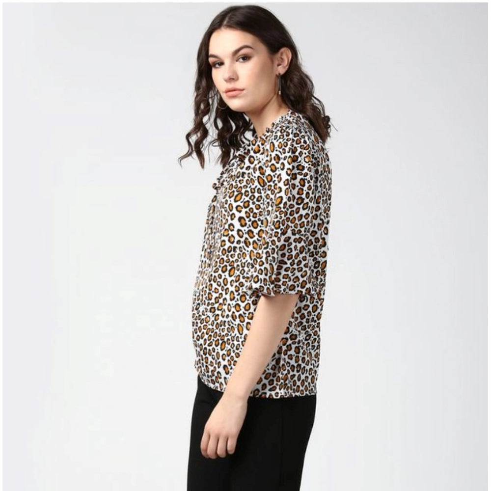 HD Women's Polyester Animal Print Bell Sleeve Top (Orange - Black)
