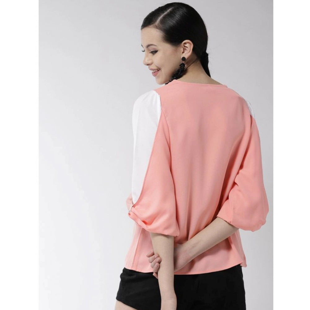 HD Women's Polyester Colour Block Slit Sleeve Top (Pink)