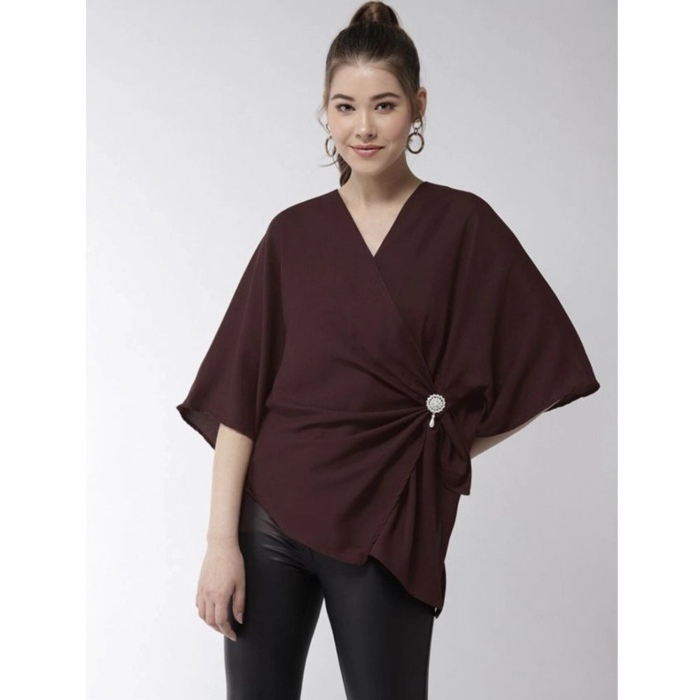 HD Women's Polyester Solid Cape Sleeve Top (Maroon)