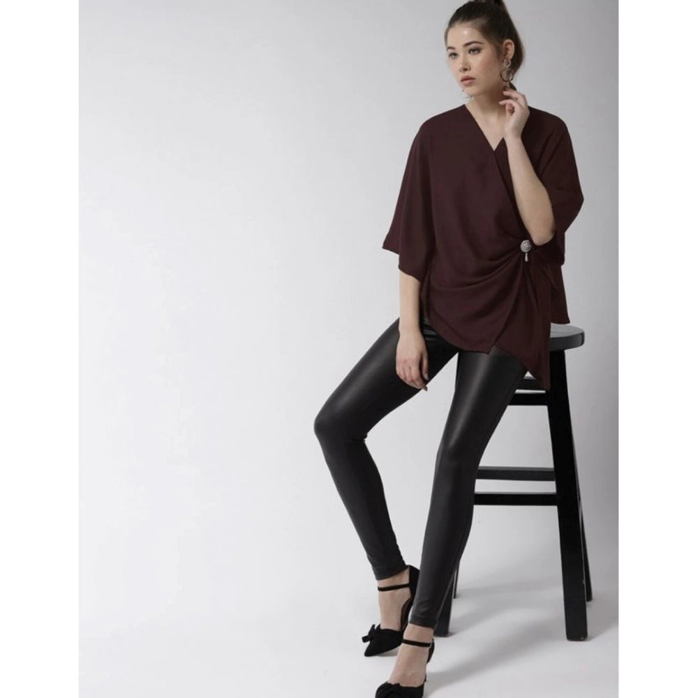 HD Women's Polyester Solid Cape Sleeve Top (Maroon)