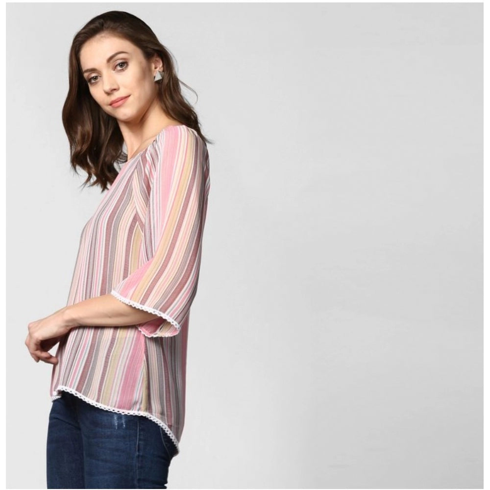 HD Women's Polyester Striped 3-4th Sleeves Top (Pink)