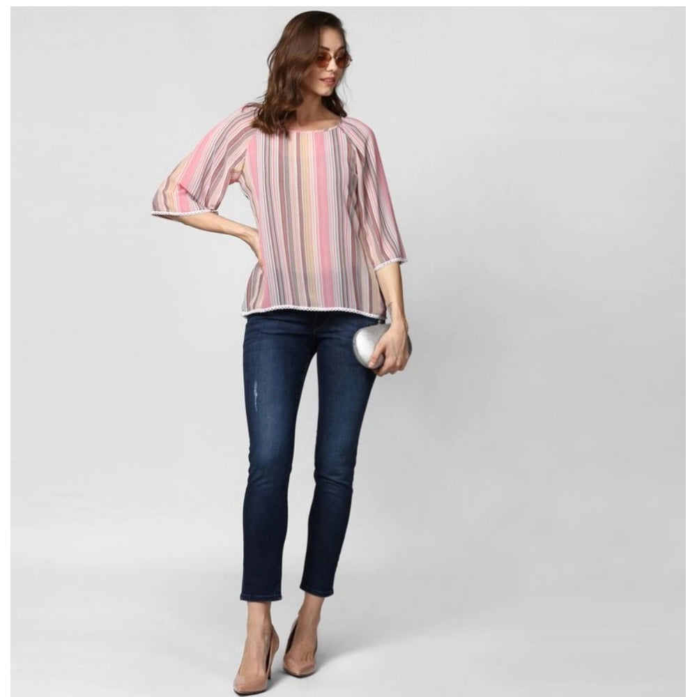 HD Women's Polyester Striped 3-4th Sleeves Top (Pink)