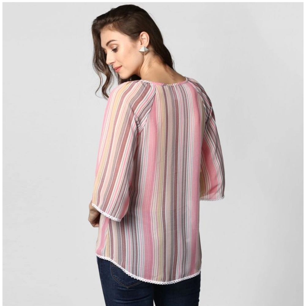 HD Women's Polyester Striped 3-4th Sleeves Top (Pink)