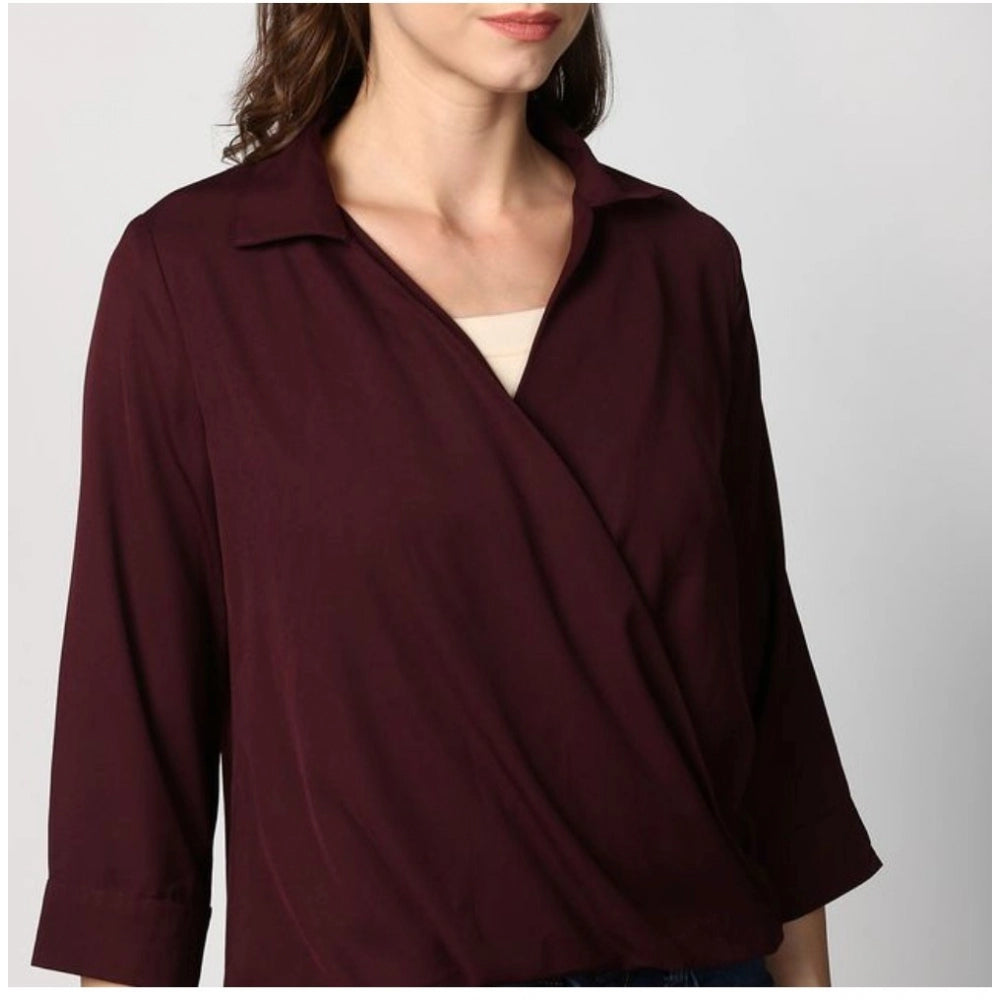 HD Women's Polyester Solid 3-4th Sleeves Top (Maroon)