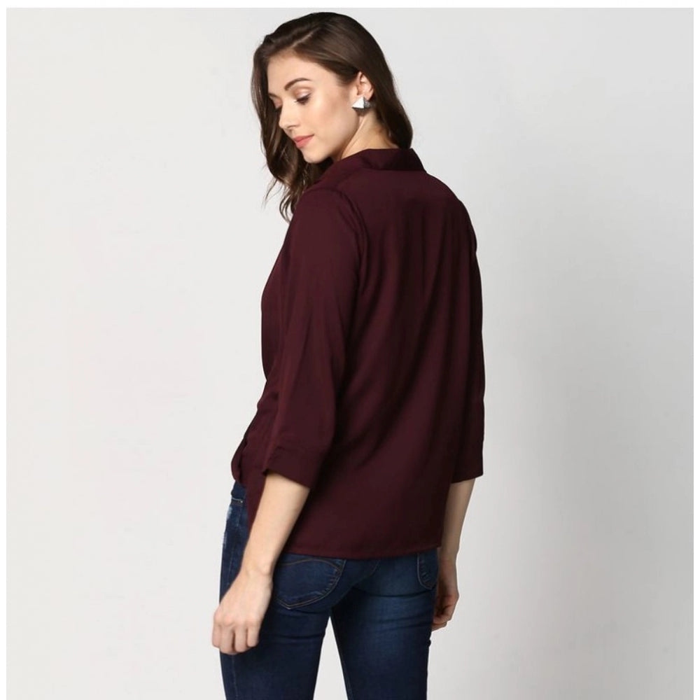 HD Women's Polyester Solid 3-4th Sleeves Top (Maroon)