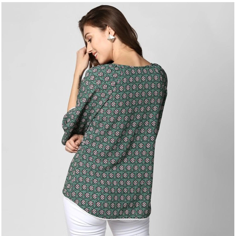 HD Women's Polyester Printed 3-4th Sleeves Top (Green)