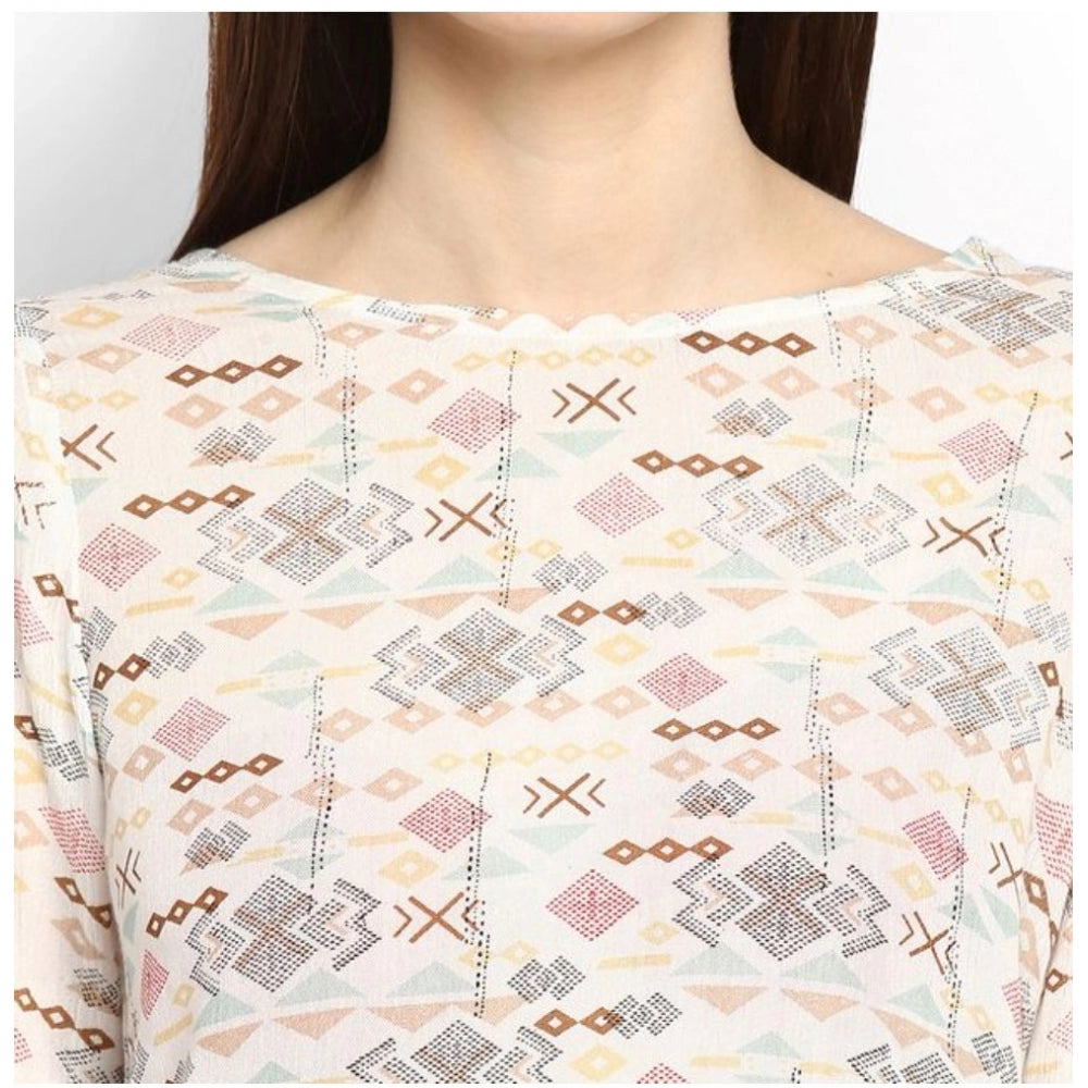HD Women's Rayon Crepe Printed Ruffle Sleeve Top (Off White - Red)